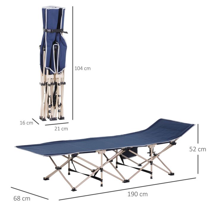 Розкладне кемпінгове ліжко Outsunny Camp Bed з сумкою для зберігання, сталь і оксфорд, синій, 190x68x52см| Аосом