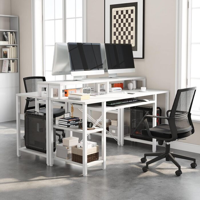 Комп'ютерний стіл для дому та офісу з підставкою для клавіатури, геймінговий стіл з підставкою для монітора та CPU-стійкою, сучасний стіл для навчання та роботи, білий, з полицями