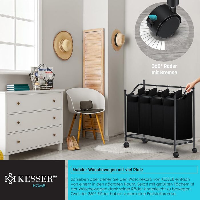 Кошик для білизни KESSER з 4 знімними мішками для сортування | 4 відділення по 35 літрів | Чорний кошик для білизни з колесами та гальмами
