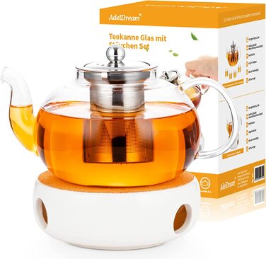 Скляний чайник AdelDream з заваркою, скляний чайник з безпечною плитою, набір для приготування чаю з квітучим і розсипним листям (1200 млчай