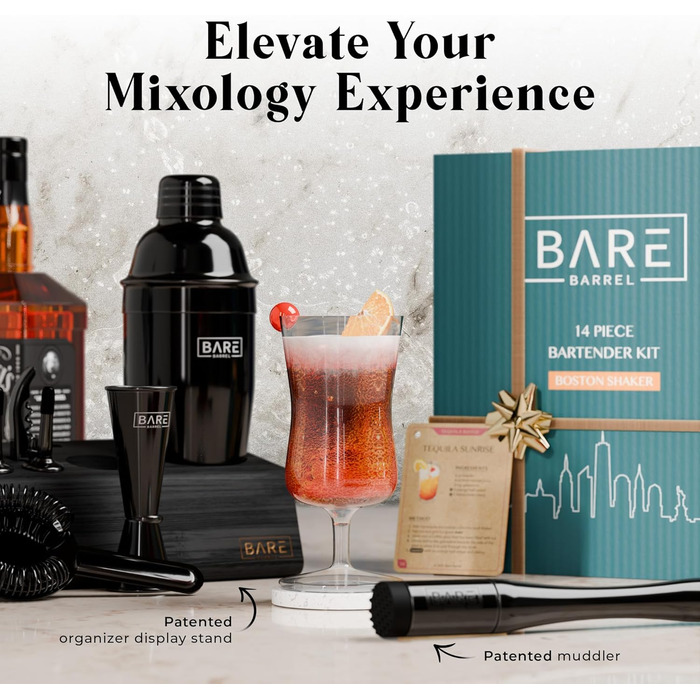 Набір для бармена Pro Mixology: 14 предметів, шейкер Boston, аксесуари для дому, бамбуковий підставник, рецепти коктейлів, подарунковий набір чорного кольору (24oz Cobbler Shaker)