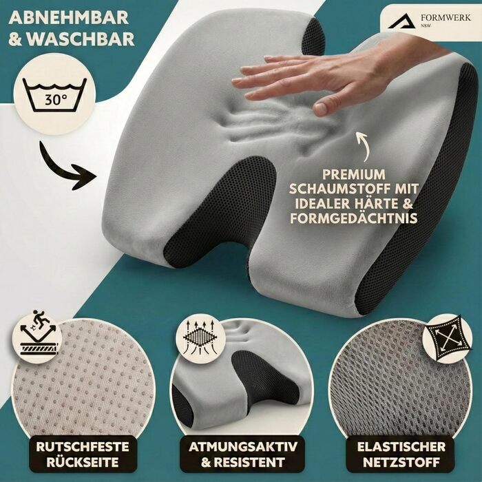 Ортопедична подушка для сидіння - Преміум ергономічна подушка для офісу та авто з 3D-піною Memory, сертифікат OEKO-TEX-100 (60-100 кг), сіра