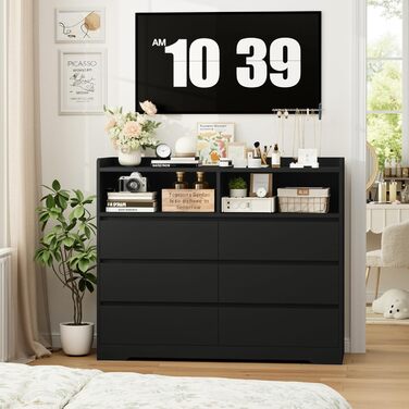 Комод FOREHILL з 6 висувними ящиками 120 см, тумба приліжкова для спальні, вітальні, коридору, 120x40x100 см, чорний