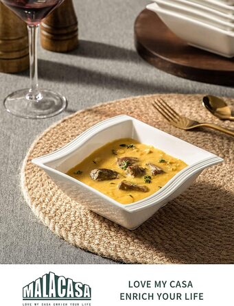 MALACASA Серія Flora – 60-елементний посуд для 12 осіб – кремово-білий порцеляновий сервіз з квадратним дизайном (тарілки, чашки, підставки) – придатний для миття в посудомийній машині та мікрохвильовій печі, білий