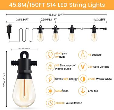 LED гірлянда для зовнішнього використання 30 метрів з пультом, S14, 100 футів, IP65, водонепроникна, 30+2 лампочки, для саду, тераси, балкону, двору, тепле біле світло (2700k, 45 м)