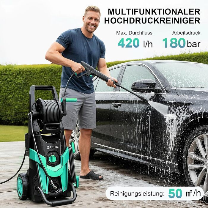 Високотискний мийник 180 Bar, 6-в-1 насадка, продуктивність 420л/год, площа прибирання 50м²/год, економний, з піночистою та барабаном для шлангу, для автомобілів та під'їздів (Блакитний)