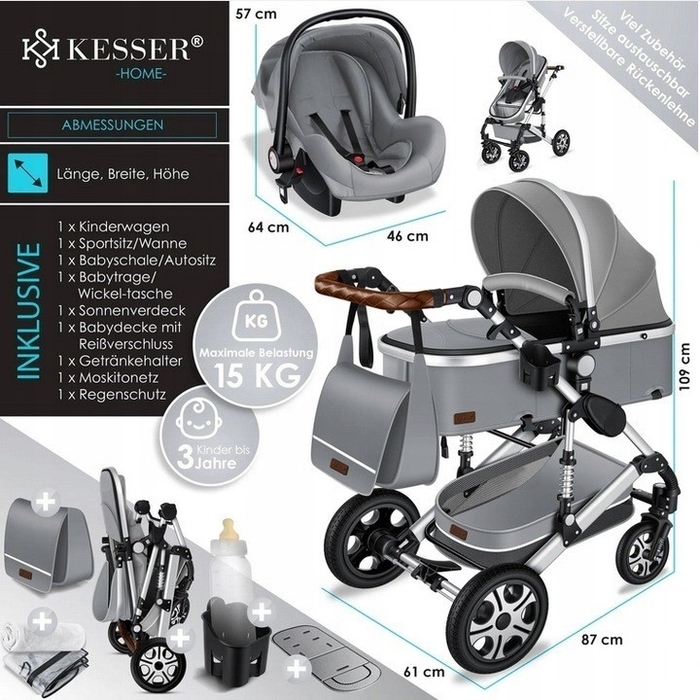 Дитячий візок Kesser 3в1, сірий