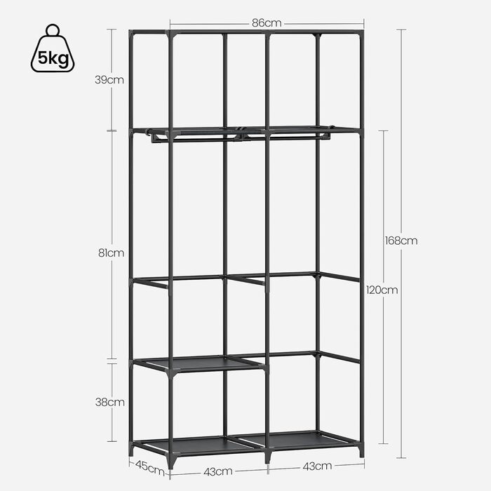 Тканинна шафа Hzuaneri, 5 полиць, змінна, 86x45x168 см, Спальня/Гардеробна, Чорний WC09203B