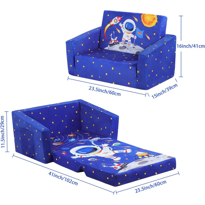 Дитяче крісло-диван 2 в 1 з тканиною, що складається, та неслизьким подушкою, для спальні, вітальні, ігрової кімнати (Астронавт)