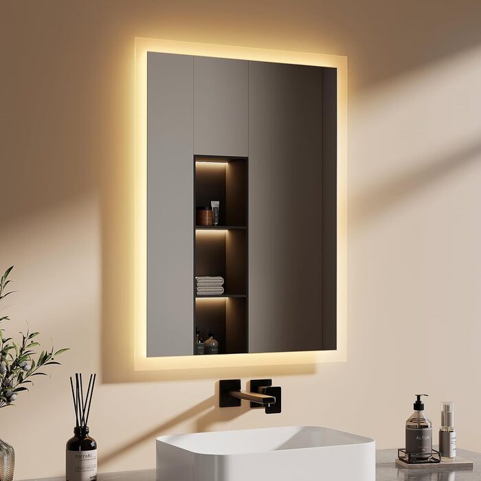 Дзеркало для ванної кімнати EMKE з підсвічуванням 120x60 см, тепле біле світло 3000K, вимикач, антизапар, 2 кольори світла, матовий бордюр