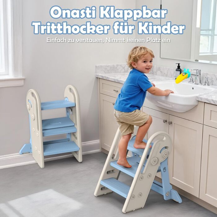 Дитячий підсвічник Onasti Tritthocker: регульована висота, 3 сходинки, з ручками, складний, антиковзний, для кухні, ванної, туалету (сірий, сіро-білий, блакитний)