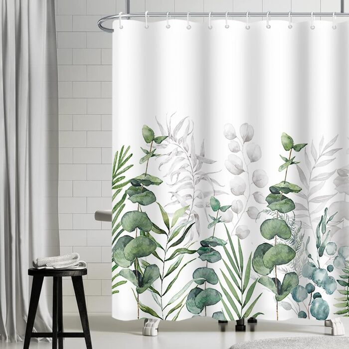 Штора для душу 180x220 см, антигрибкова, з тропічним дизайном (зелені пальмові листя, евкаліпт, гриби), водонепроникна, поліестер, для ванної кімнати, з 12 гачками