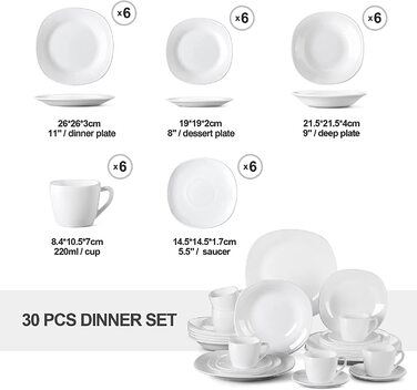 Серія Esmer, 30 шт. Набір порцелянового посуду з опалового скла / комбінованого обслуговування з 6 десертними тарілками, 6 тарілками для супу, 6 обідніми тарілками, 6 кавовими чашками та 6 блюдцями для 6 осіб білого кольору