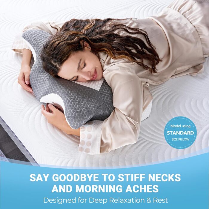 Ортопедична подушка Elviros з Memory Foam для тих, хто спить на боці, з підтримкою шиї, для зняття болю в шиї та плечах, 53.8x11/9x33 см, блакитна