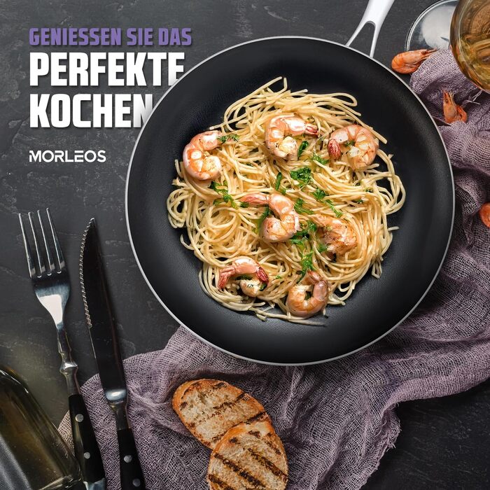 Сковорода Morleos з керамічним покриттям Ø 32 см, без PFAS та PTFE | Сковорода з антипригарним покриттям, стійка до подряпин, 5-шарова, 3 мм, 1,67 кг | Преміум-сковорода для індукційних плит | Антипригарна, для духовки та посудомийної машини Ø 32 см (32 с