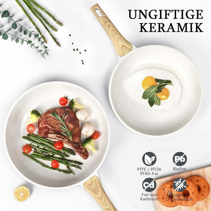 Сковорода з керамічним антипригарним покриттям GiPP – 24 см, здорова, нетоксична, для індукційних плит, без PFAS та PFOA, можна мити в посудомийній машині, з холодною ручкою, білий колір (білий, кришка 30+ см)