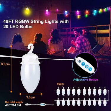 LED гірлянда для вулиці з таймером, 25+2 лампочки G40, 4 режими, димування, вологостійка, тепле світло, 15м, USB