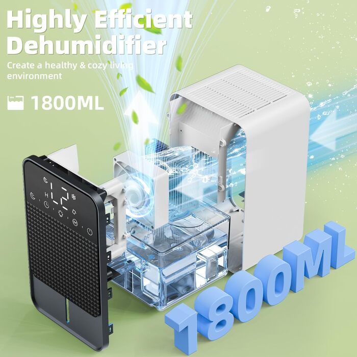 Електричний осушувач повітря 1800 мл з автоматичним відтаненням, таймером та LED-дисплеєм. Підходить для спальні, ванної кімнати та шафи. Продуктивність: 550 мл/24 год.