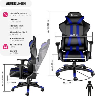 Офісне крісло Tectake, Ігрове крісло з регульованою спинкою та підлокітниками, крісло з подушкою для шиї та поперековою підтримкою, офісне крісло з регулюванням висоти ергономічне, ігрове крісло з можливістю обертання на 360 - чорний/червоний (Black Blue 