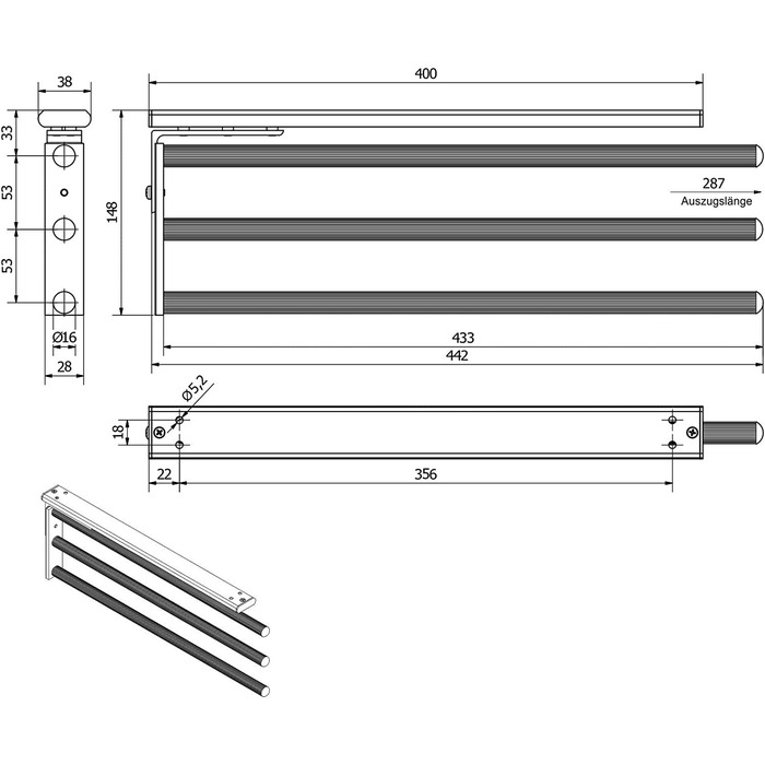Тримач для рушників SOTECH TED, алюміній, розсувний, поворотний, чорний мат, 3-armig, 450-730 мм