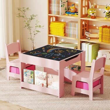 Дитячий столик Dreamade 4 в 1 з 2 стільцями: дерев'яний набір з дошкою та полицями, столик-стілець для дітей з 2 тканинними коробками, рожевий
