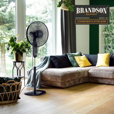 Вентилятор Brandson підлоговий, 60 Вт, з пультом, дисплеєм, осциляцією 80°, регульована висота, 3 швидкості, нахил голови 35°, чорний