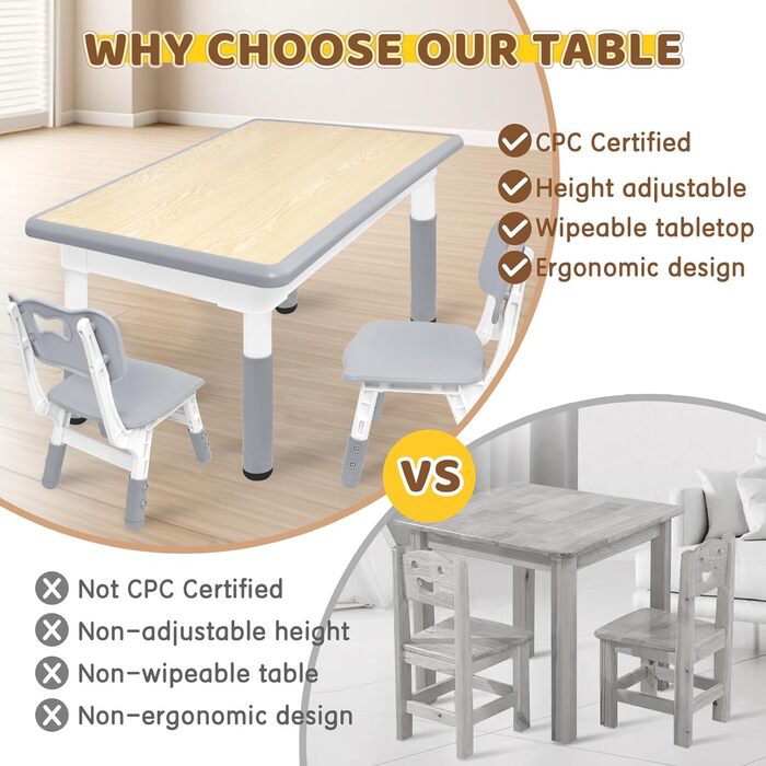 Дитячий стіл зі стільцями (80x60 см), регульована висота, сірий. Ідеально для дитячого садка, ігор, малювання. Легко миється. Комплект для дітей від 2 років.