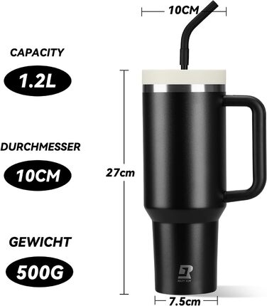 Термокружка-пляшка 1200 мл з трубочкою та антиковзним ручками, BPA Free, подвійні стінки, ізоляція для авто, офісу, відпочинку (Пастельно-рожевий, Біло-рожевий, Чорний)