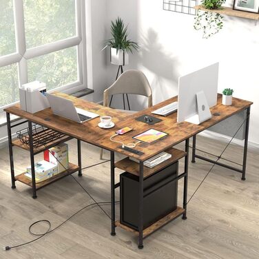 Ігровий кутовий стіл L-подібної форми з LED-підсвічуванням та розетками, 140x140 см, реверсивний комп'ютерний стіл з підставкою для монітора, 4 полиці та бічні кишені для дому та офісу (колір: коричневий, розміри: 140x140x74 см)