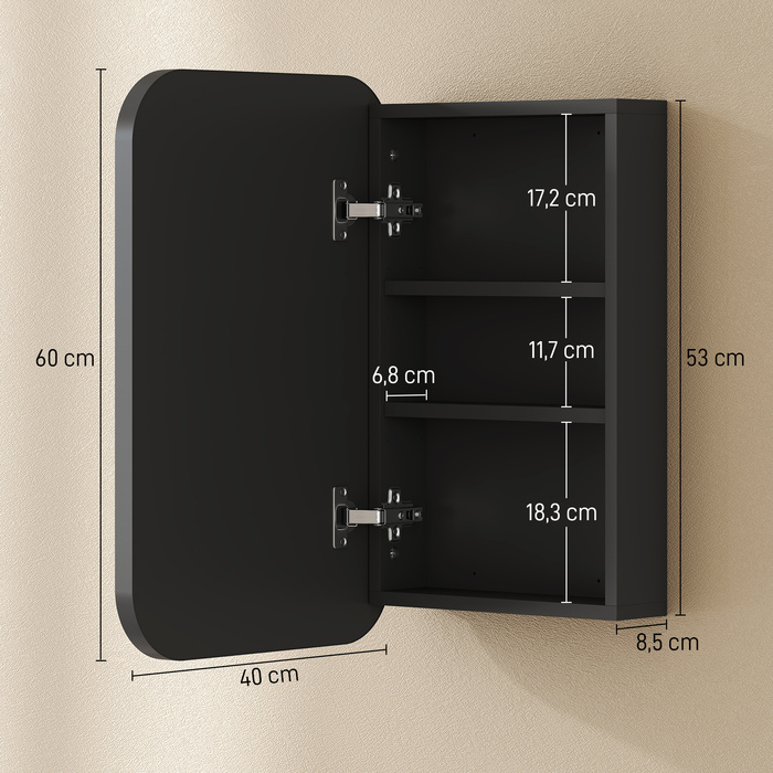 Дзеркальна шафка для ванної кімнати, шафка для ванної з дзеркалом, підвісна шафка з регульованою полицею, 40 x 10 x 60 см, чорний
