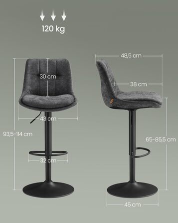 Барні стільці VASAGLE 2 шт., регульована висота, обертаються, зі спинкою та підніжкою, для кухні, їдальні, бару, сталеві, сіро-кам'яні, LJB195G02