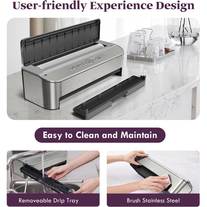 Вакууматор Mesliese 85kPa 120W для продуктів, автоматична машина для вакуумного пакування з вбудованим різаком та відсіком для пакетів, сталь, 2 рулони в комплекті