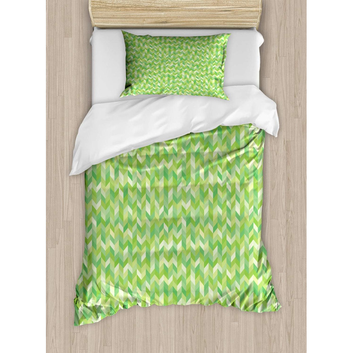 Абстрактний набір підковдр для односпальних ліжок, яскраві шевронні мотиви мистецтва, стійкі до кліщів алергікам Підходить з наволочкою, 130 x 200 см - 70 x 50 см, світло-зелений і пастельно-зелений