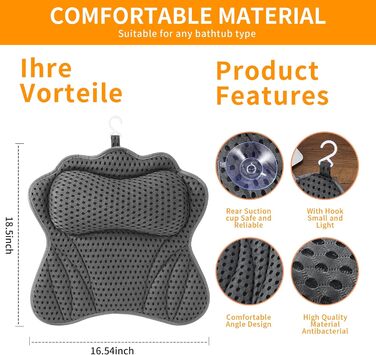 Подушка для ванни з 6 присосками, сітчаста технологія 4D Air Mesh, підтримка голови, шиї, плечей та спини, підходить для всіх ванн (Сіра)
