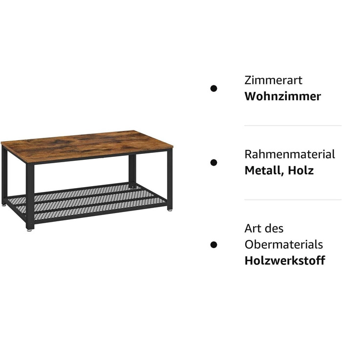 Журнальний столик VASAGLE, стіл для вітальні з 2 рівнями, з сітчастою полицею, тумба під телевізор, металевий каркас, регульовані ніжки, для вітальні, індустріальний стиль, вінтажний коричнево-чорний LCT6 106,2 x 45 x 60,2 см (Ш x В x Г) журнальний столик