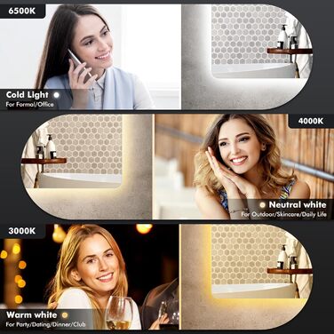 Круглий дзеркало для ванної кімнати з підсвічуванням, 60 см, антизапар, LED, Bluetooth, сенсорне управління, 3000K-4000K-6500K, регулювання яскравості, HD-загартоване скло, дзеркало для ванної кімнати з підсвічуванням (500x700 мм, краплеподібної форми)