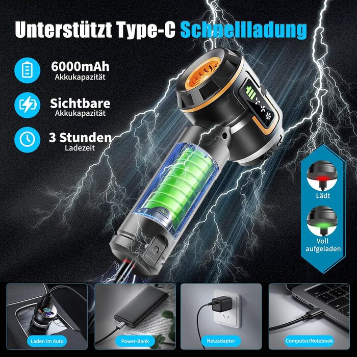 Акумуляторний ручний пилосмок для авто та дому 23000Па, міні-пилосмок з функцією продувки та насоса, 6000mAh, чорно-золотий