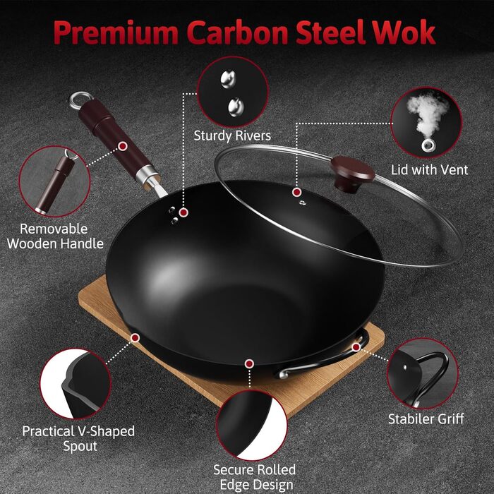 Вок Jobin 32 см з вуглецевої сталі з кришкою, дерев'яним та сталевим ручками, для приготування азійських страв (3-5 осіб), сумісний з Induktion, електро та газовими плитами - Чорний