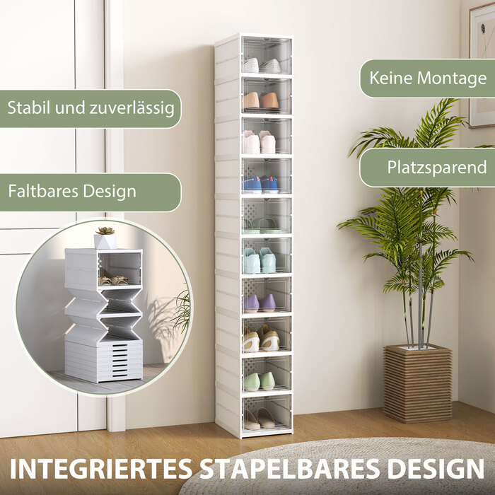 10-ярусна полиця для взуття, шафа для взуття, складана, з вентильованою задньою стінкою, пластик, біла