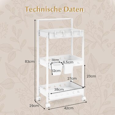 Рівневий візок COSTWAY, сервірувальний візок з підвісними чашками, гачок і ручка, багатоцільовий візок для дому, 3-
