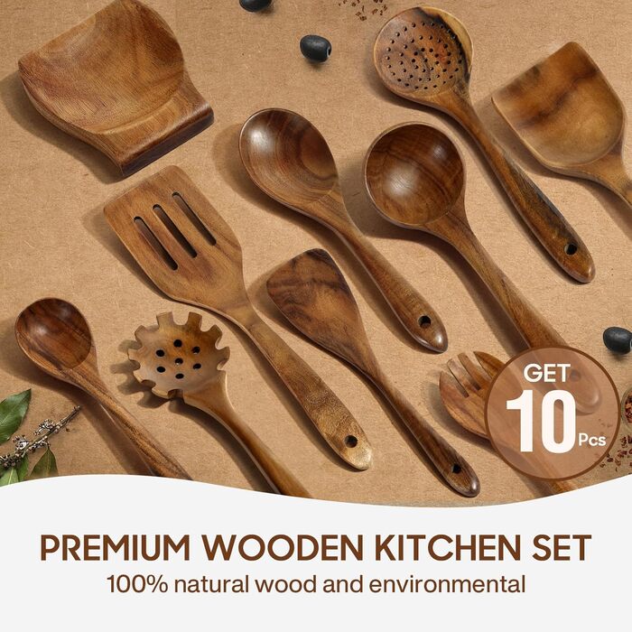 Набір кухонних аксесуарів з текового дерева (10 шт.) з підставкою, лопатка, половник, половник для супу, ложка для салату, виделки та ложки для салату, подарунок для кухаря