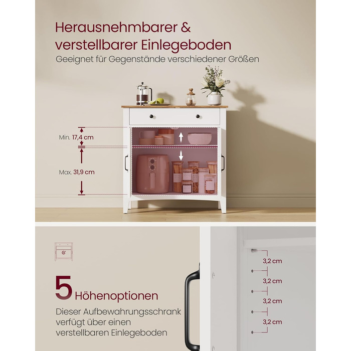 Шафа VASAGLE для кухні, комод, шафа для зберігання з ящиками та дверцятами, регульована полиця, стиль кантрі, для вітальні, кухні, їдальні, 40 x 140 x 80 см, вінтажний білий + медовий колір, BBK381W02