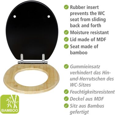 Сидіння для унітазу WENKO Bambusa Black, механізм плавного закриття Easy-Close, бамбукове кільце, кришка з МДФ, гігієнічне кріплення Fix-Clip, (Ш х Г) 37 х 44 см, натуральний / чорний