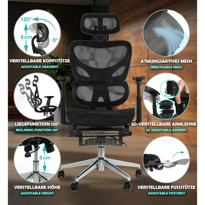 Офісний крісло Sesto Senso K80G Grey (1, Black) з підставкою для ніг, ергономічний, з регульованою спинкою та підлокітниками, для керівників