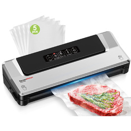 Вакууматор Bonsenkitchen для су-від (Sous Vide) та зберігання продуктів, вакуумний пакувальник з 5 пакетами в комплекті, сріблястий