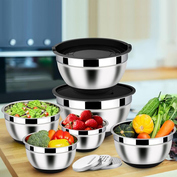Набір місок Homikit з нержавіючої сталі, 6 шт. з тертками, кришкою та силіконовим дном, 4.6/2.8/2.5/1.6/1.2/0.7 л, чорний
