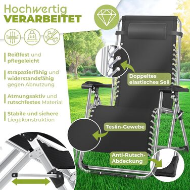Кесер® Лежак для відпочинку у саду, розкладний, чорний, 200 кг, з подушкою для шиї та тримачем для напоїв