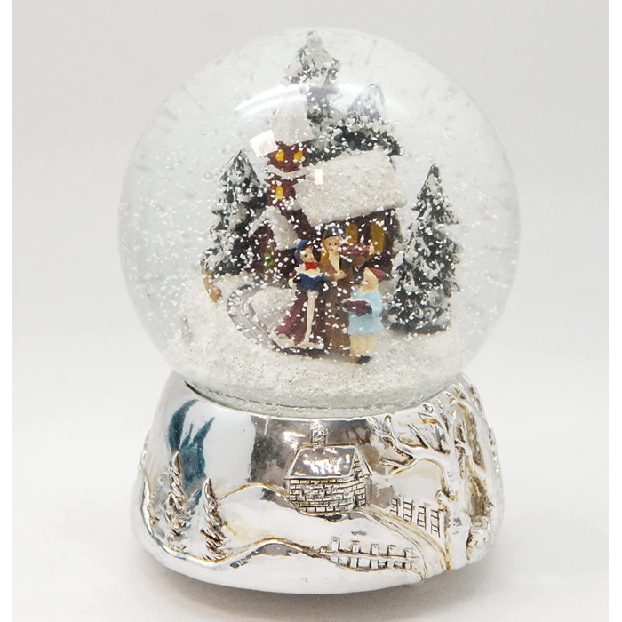 Різдвяна куля Snow Globe з музичною шкатулкою, срібна основа, 140 мм, Різдвяна мелодія