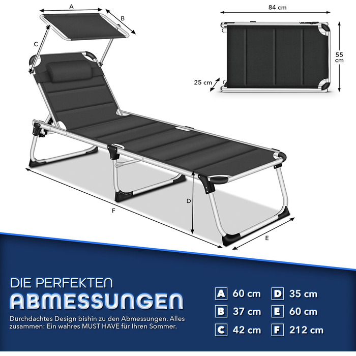 Сонячне ліжко Tillvex® з дахом та подушкою для голови | Садова розкладна ліжко-шезлонг | Пляжне ліжко з регульованою спинкою | Алюмінієва ліжко (з преміум-подушкою), Чорний