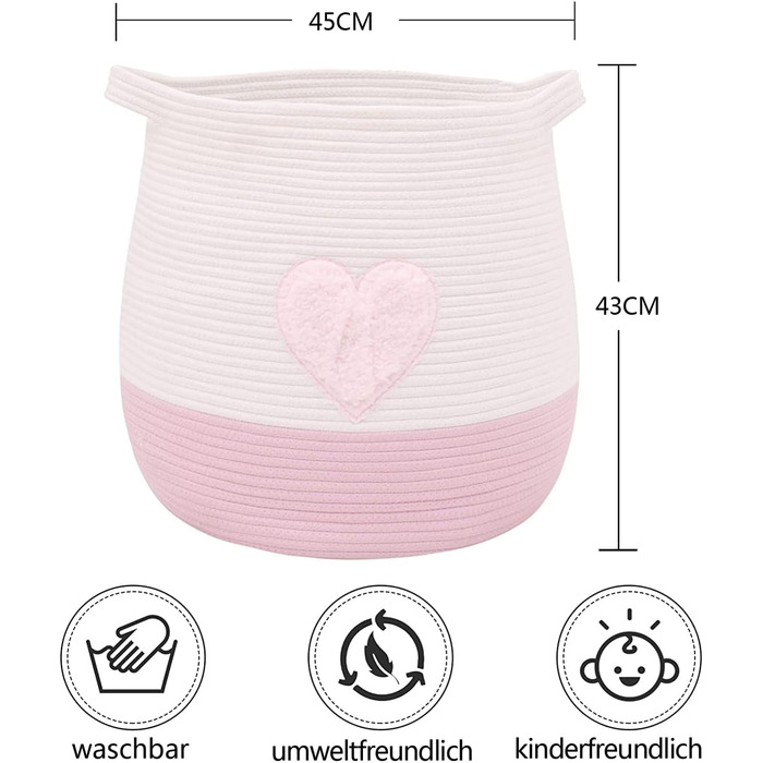 Великий кошик з бавовняного шнура, плетений кошик для іграшок, білизни та ковдр, організатор, круглий кошик для подарунків з ручками для дитячої кімнати, 45x43 см, Рожевий